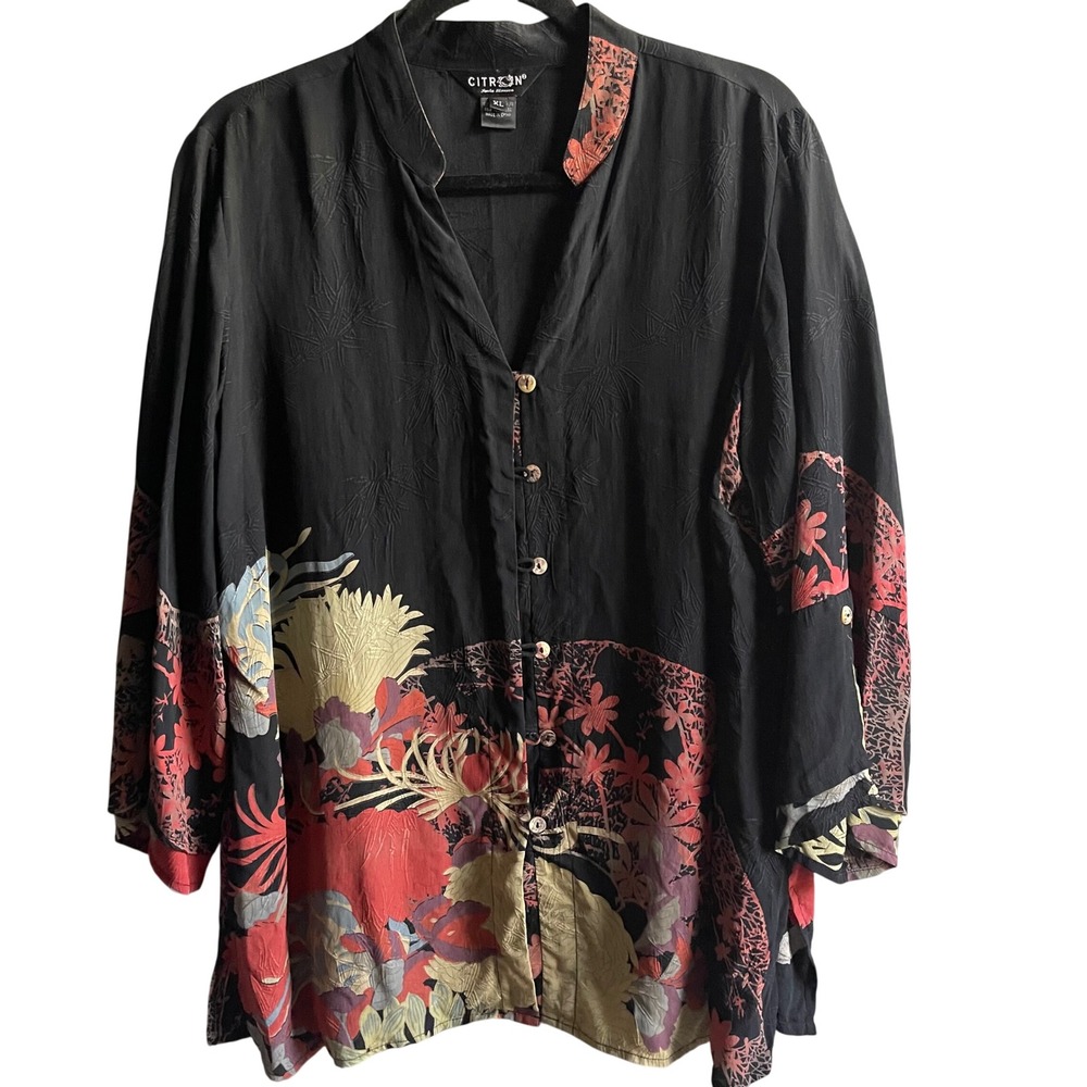 Citron Santa Monica Blouse Women Silk XL Black Floral Art To Wear Japanese Asian